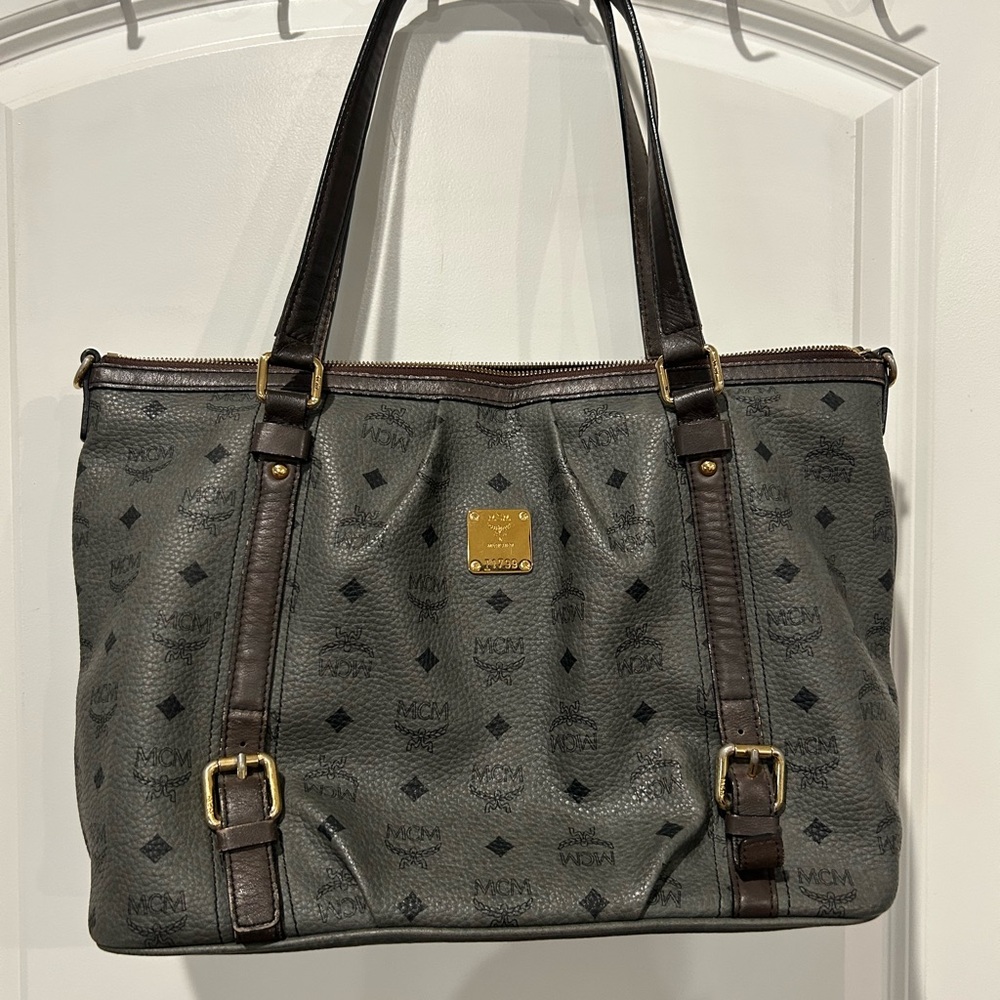 MCM Gray Monogram Tote with Dark Brown Trim and Gold Hardware